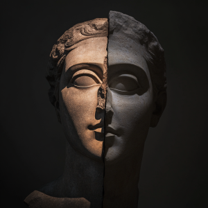 collage of a sculpted bust rendered in soft focus with dramatic, low key lighting, symbolizing the heavy, unshakable weight of hypersomnia.